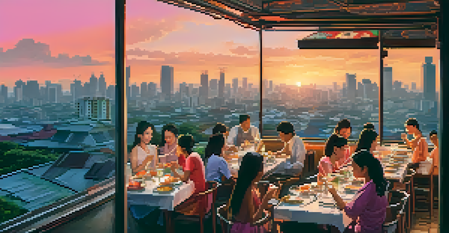 Diners at a rooftop restaurant in Bangkok enjoying a sunset meal with a city skyline view.