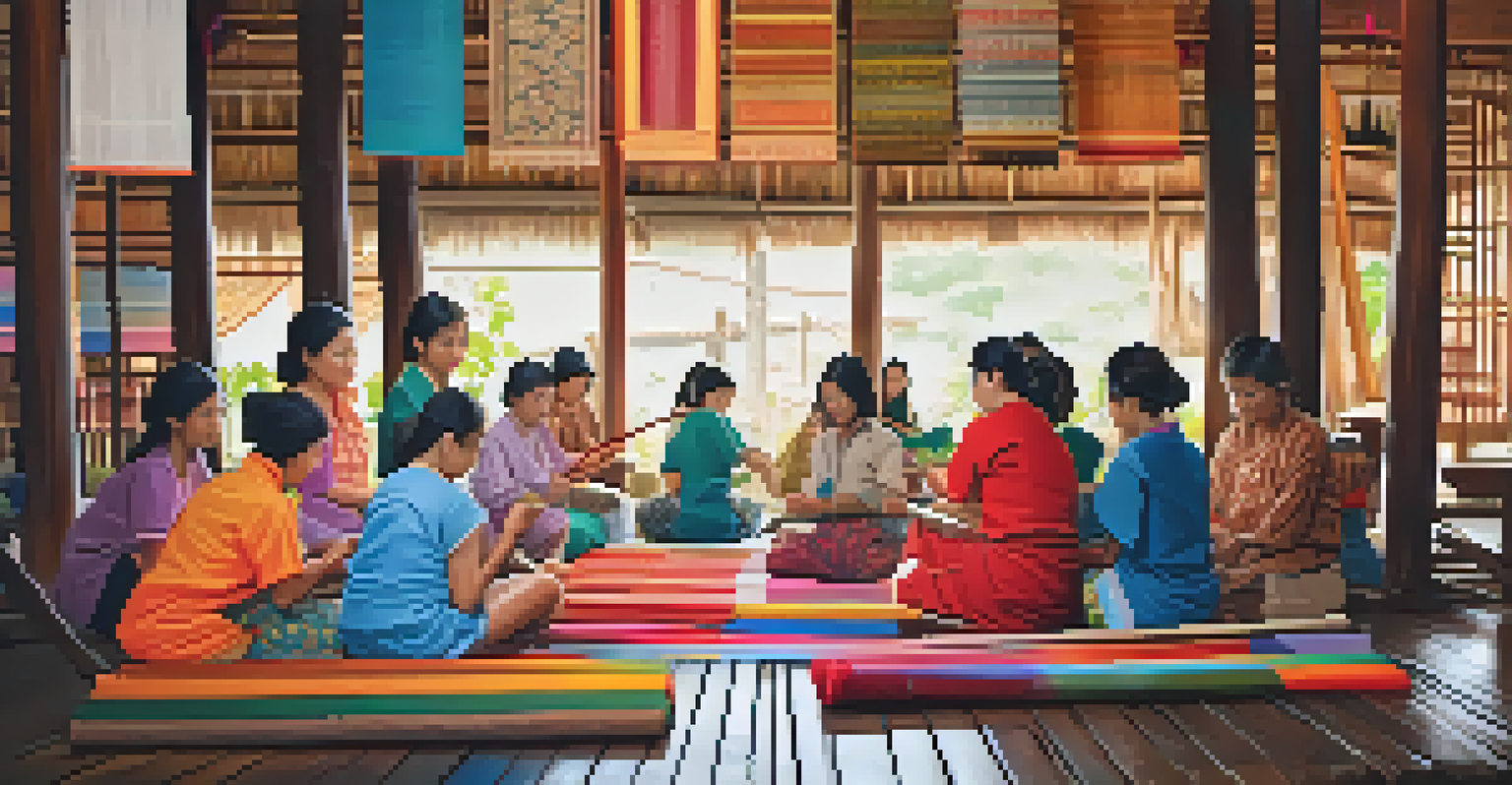 A traditional Thai arts and crafts workshop where an artisan teaches students how to weave colorful textiles, surrounded by vibrant patterns and textures.