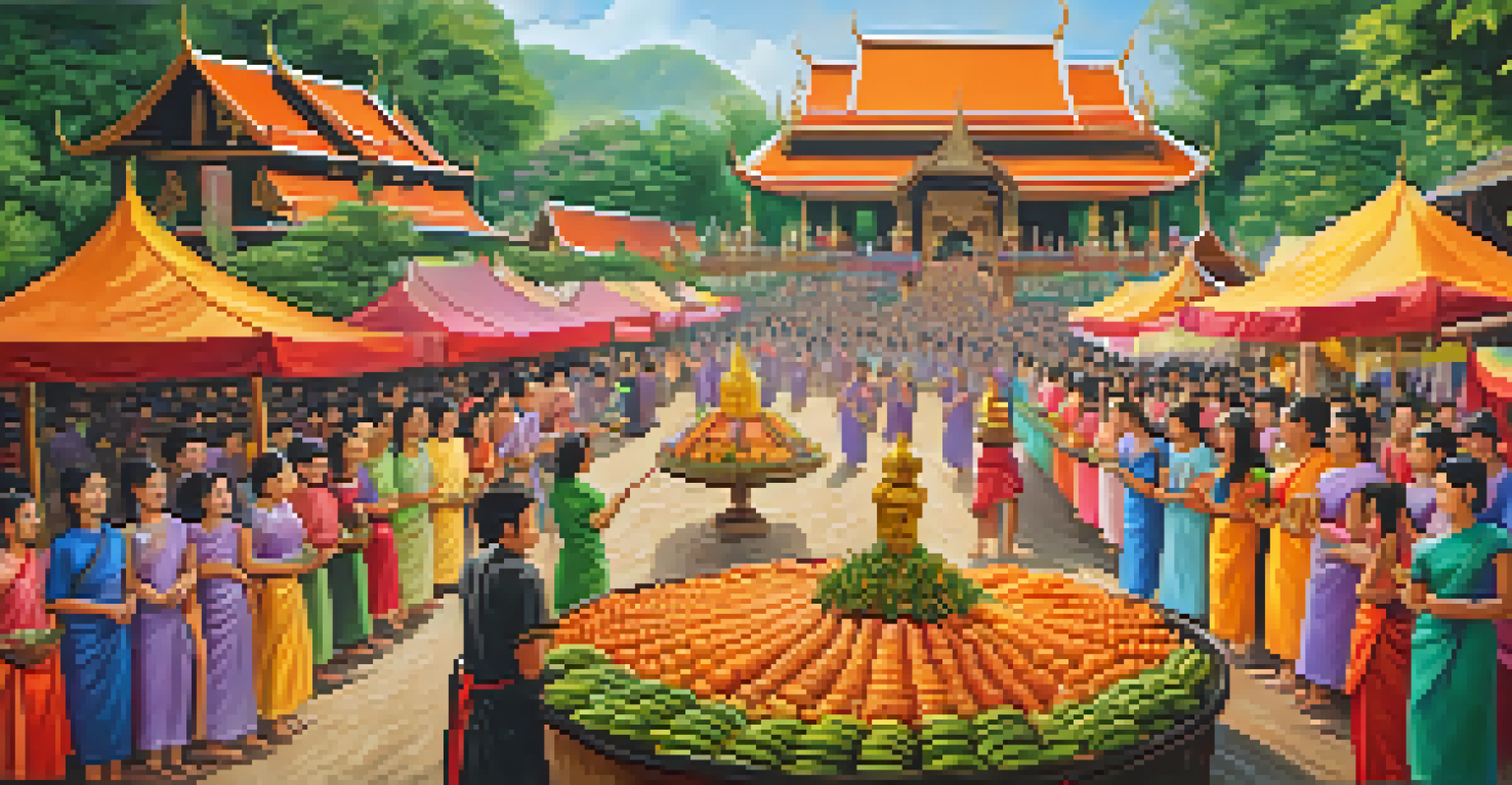 A lively community celebration of Makha Bucha in a Thai village, with locals engaging in traditional activities, colorful decorations, and joyful expressions.