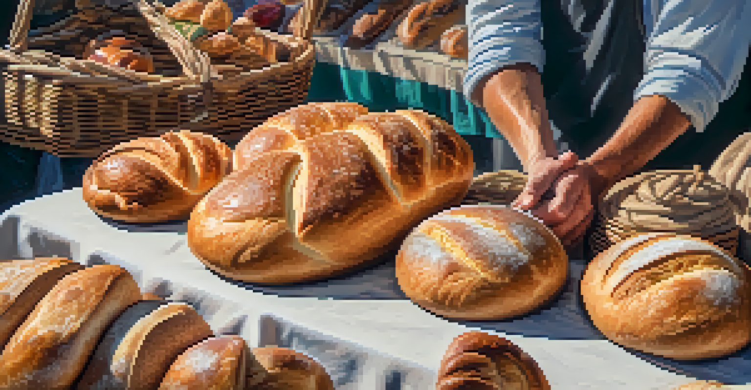 A vendor's hands holding freshly baked artisanal bread with a blurred background of colorful produce at an outdoor market.