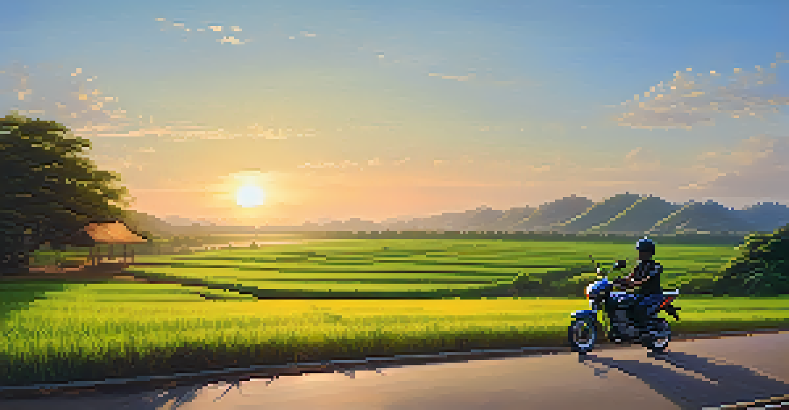 A picturesque Thai countryside road with green fields, a motorbike parked, and a sunset casting a golden light over the landscape.