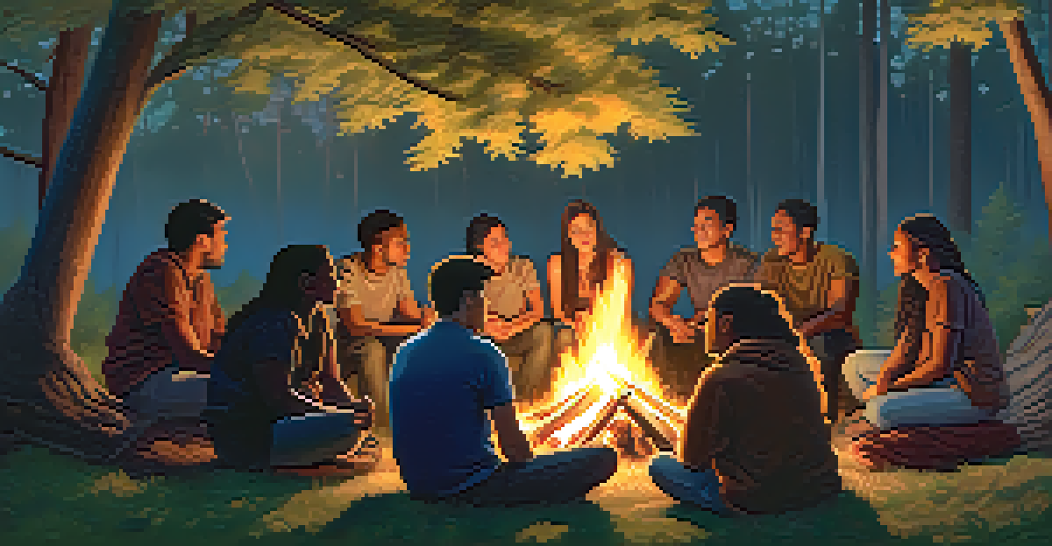 A group of people sharing stories around a campfire in a forest at dusk, surrounded by trees and a twilight sky.