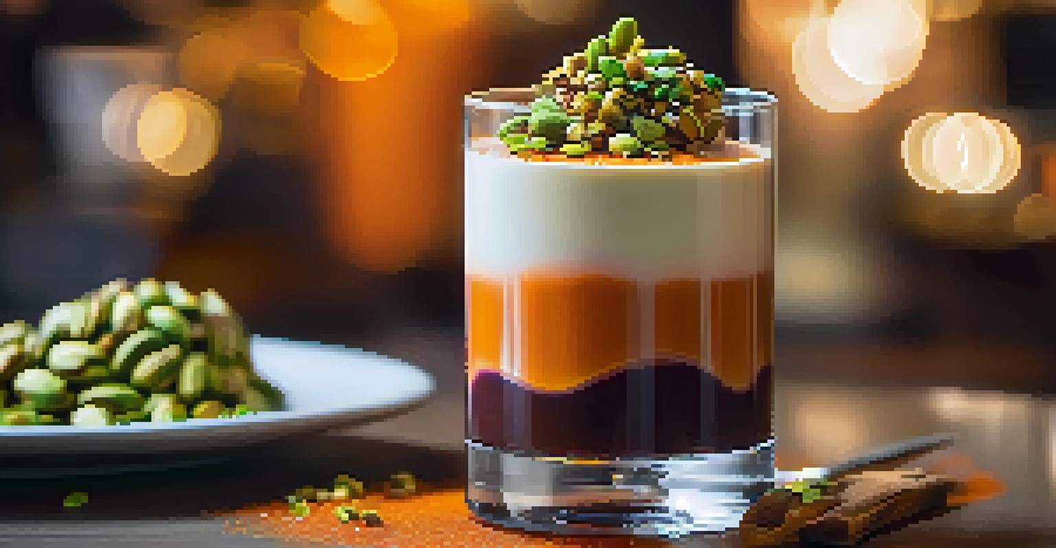 A glass of Thai tea panna cotta with caramel drizzle and crushed pistachios in a softly lit dining space.