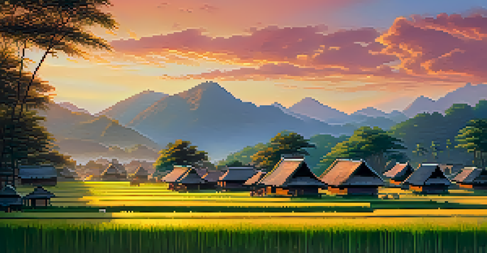 A traditional Thai village at sunset, with wooden houses among green rice paddies and villagers in traditional attire celebrating a harvest.