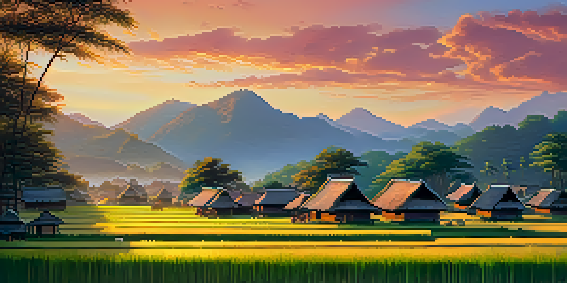 A traditional Thai village at sunset, with wooden houses among green rice paddies and villagers in traditional attire celebrating a harvest.