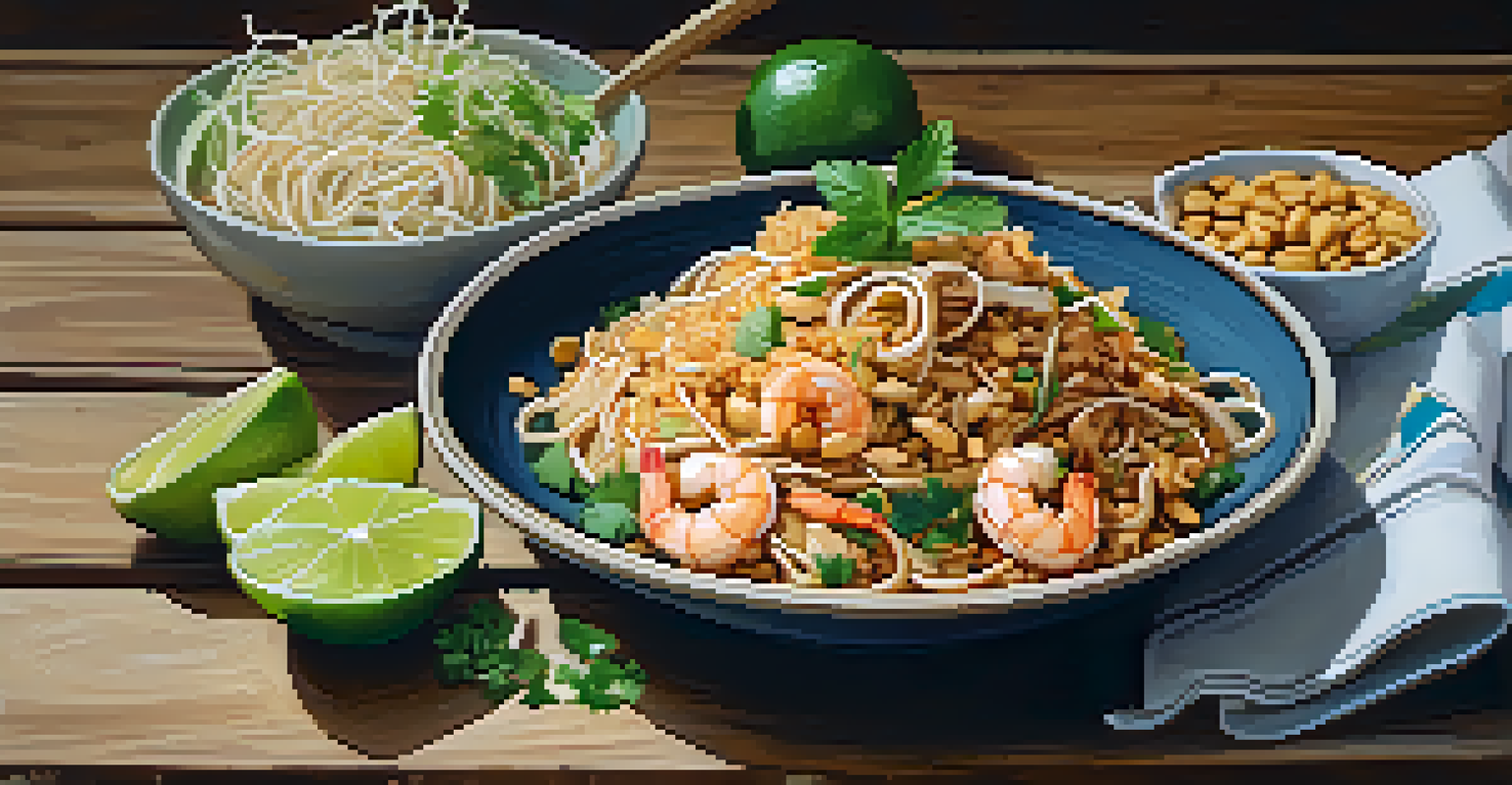 A close-up view of Pad Thai with noodles, shrimp, peanuts, and lime, on a rustic wooden table.