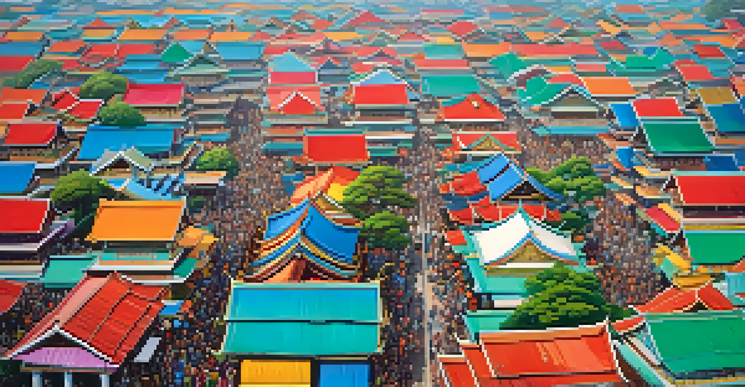 Aerial view of colorful Thai homes with gable roofs during a community festival.