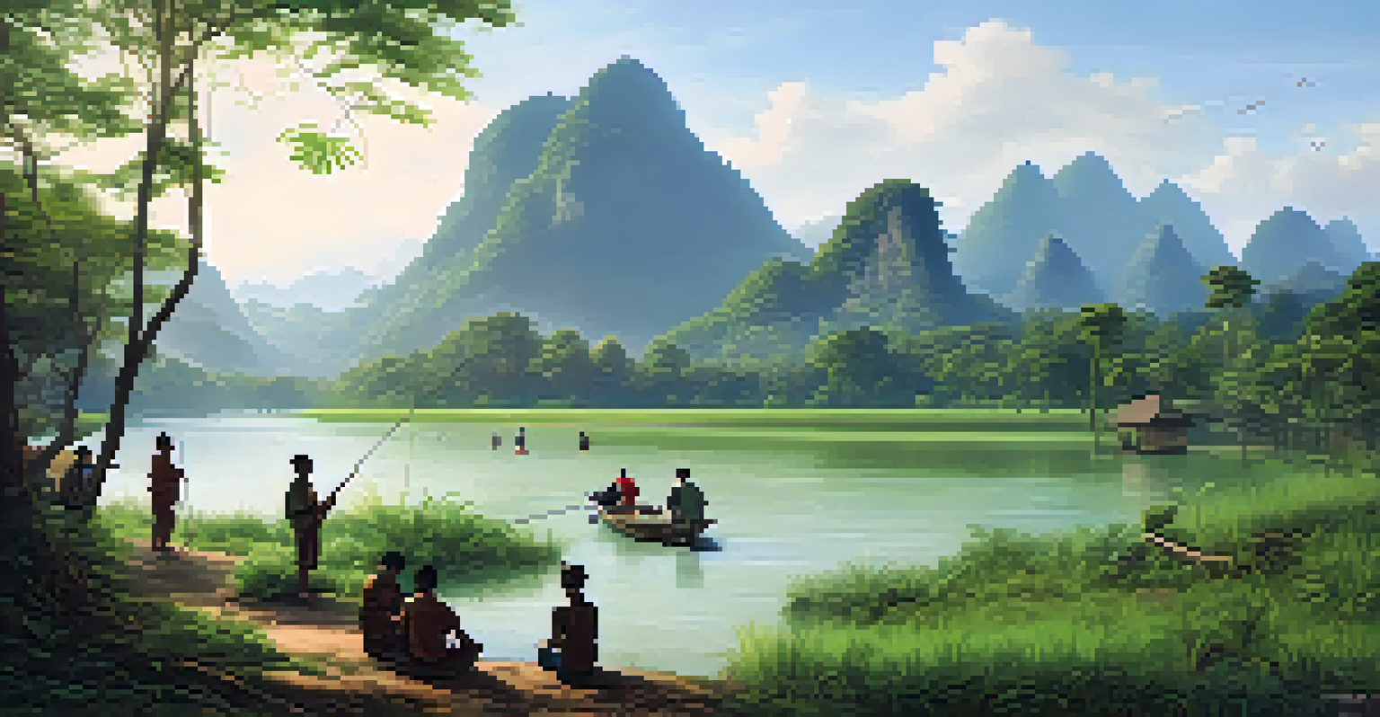 A beautiful Thai national park with community members engaged in a sustainable fishing workshop near a river, surrounded by lush greenery.