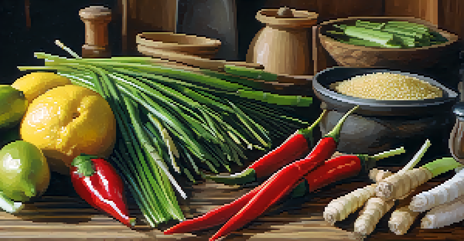 A close-up view of fresh Thai cooking ingredients on a wooden countertop with rustic kitchen tools in the background.