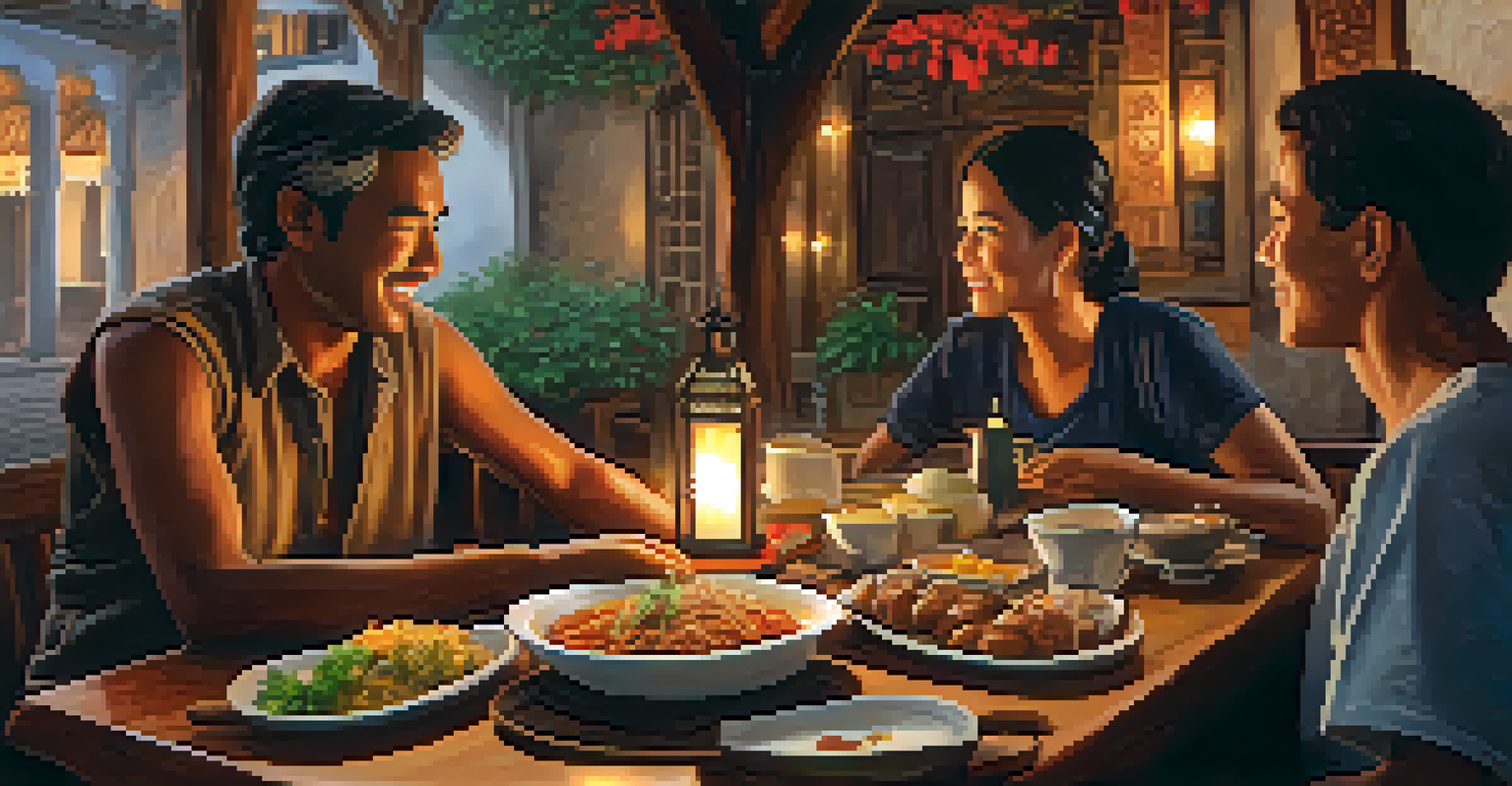 A local guide and a traveler share stories over a traditional meal at a cozy family-run restaurant.