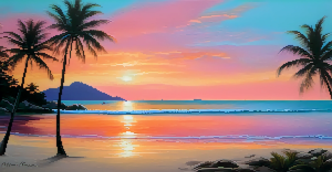 A beautiful beach at sunset with golden sands, turquoise waves, and palm trees silhouetted against a colorful sky.