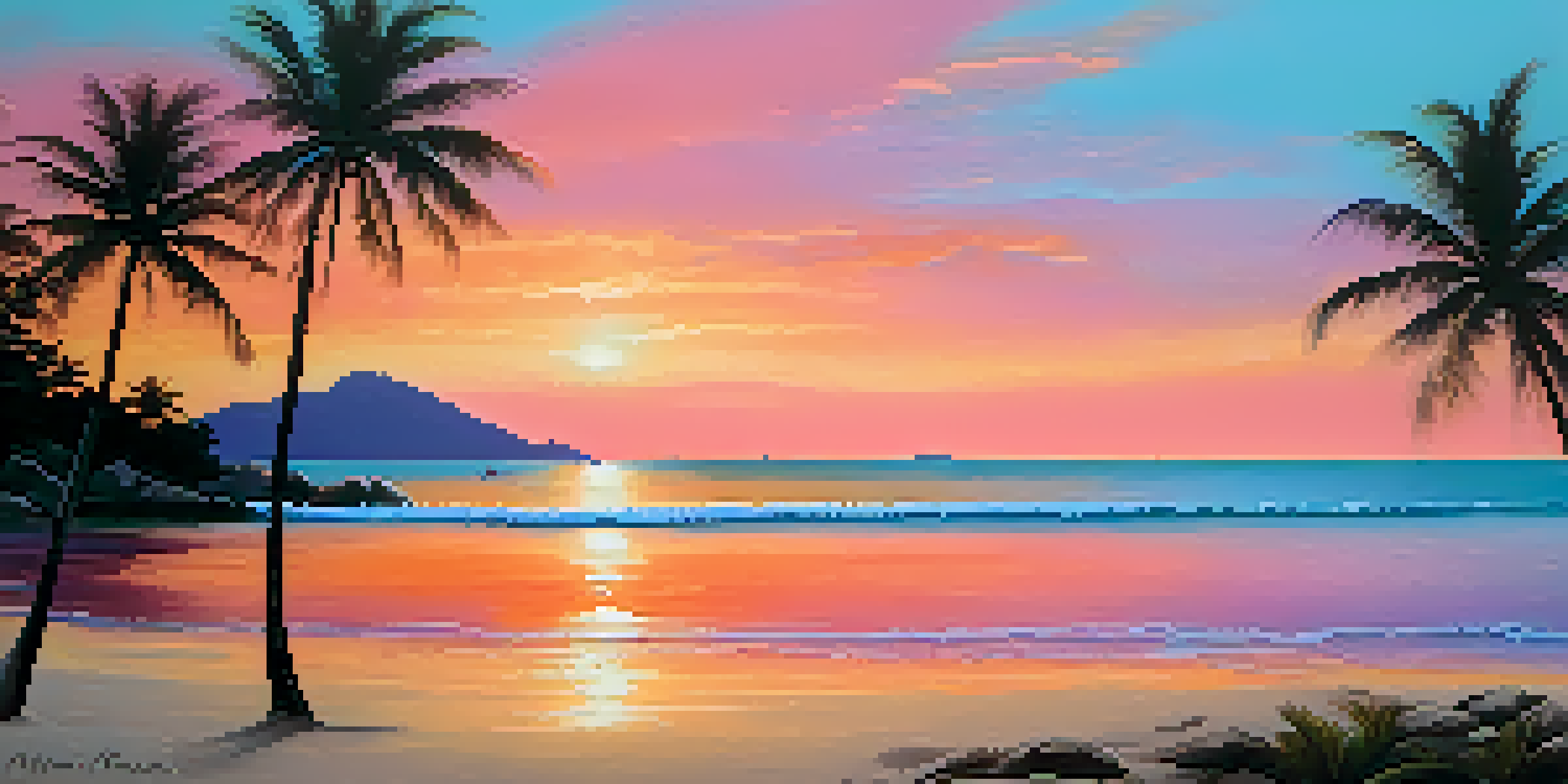 A beautiful beach at sunset with golden sands, turquoise waves, and palm trees silhouetted against a colorful sky.