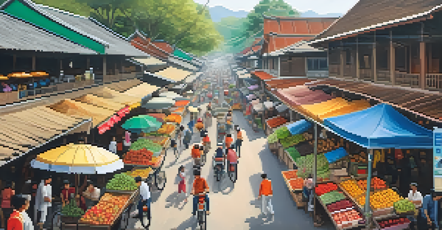 An overhead view of a busy street market in Chiang Mai, with cyclists navigating through stalls filled with colorful fruits and flowers.