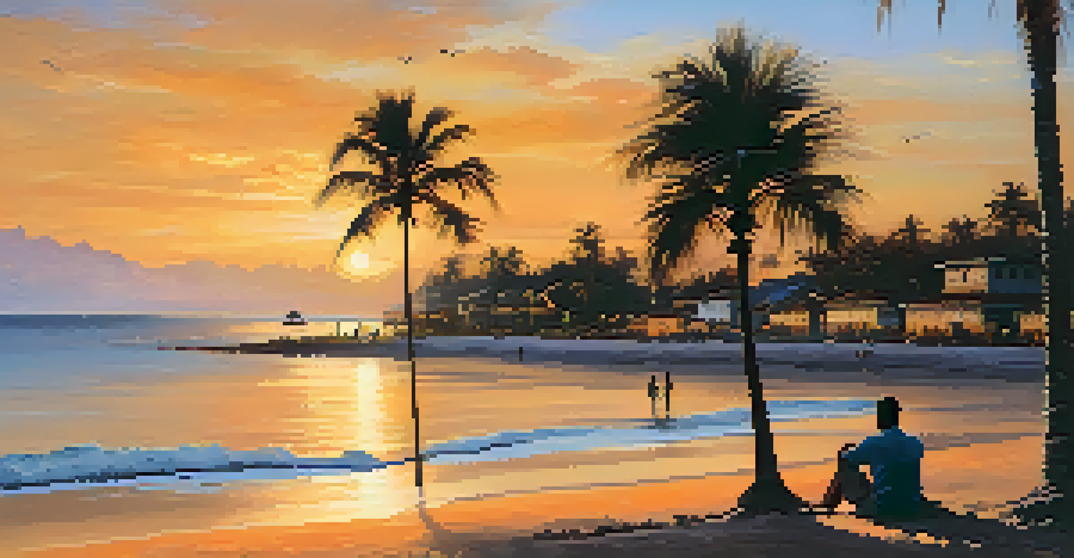 A tranquil sunset over the beach in Fisherman's Village, featuring warm colors in the sky and silhouettes of palm trees.
