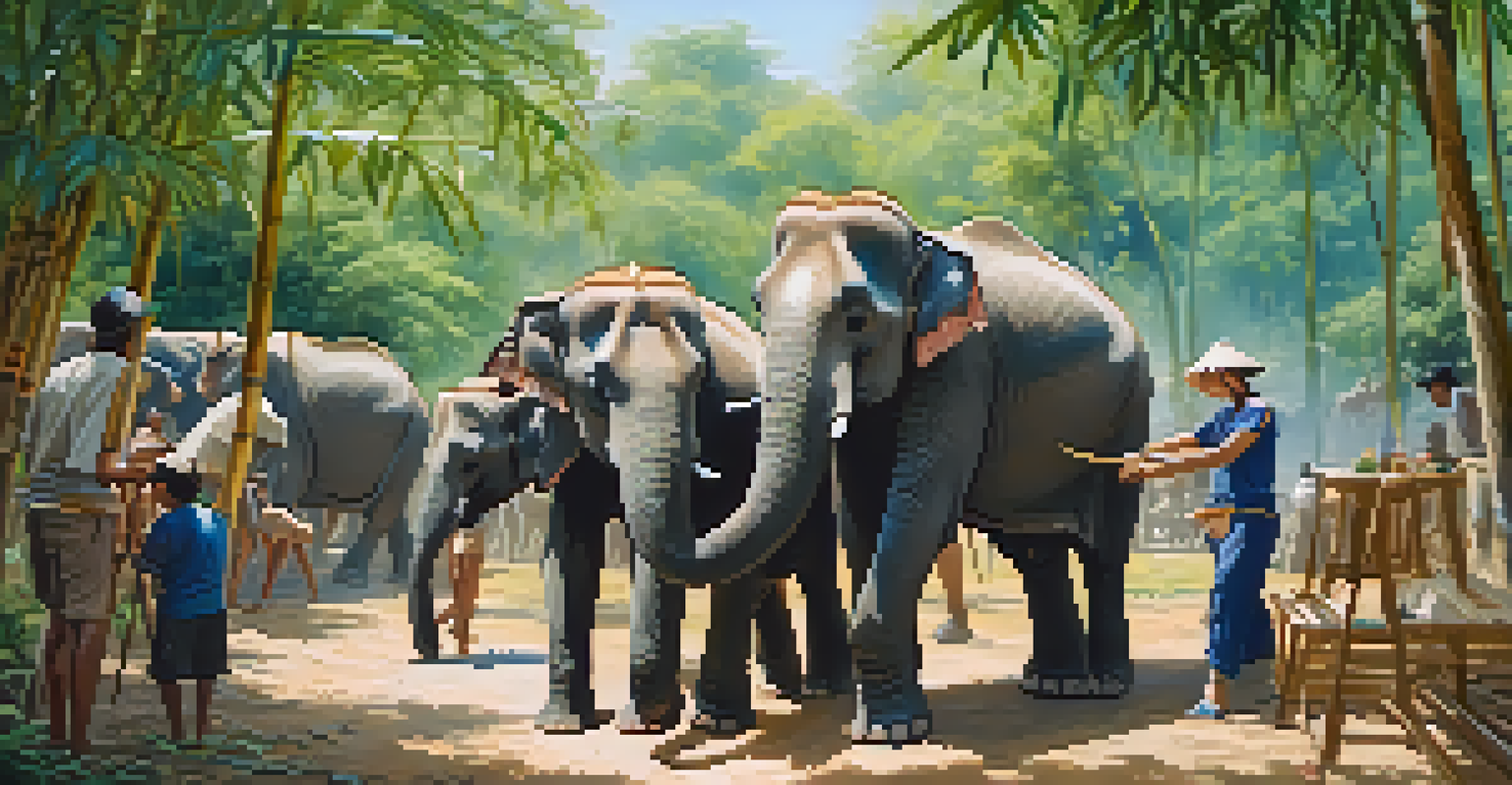 Volunteers feeding and caring for injured elephants at a wildlife rescue center in Thailand, with a natural backdrop of greenery.