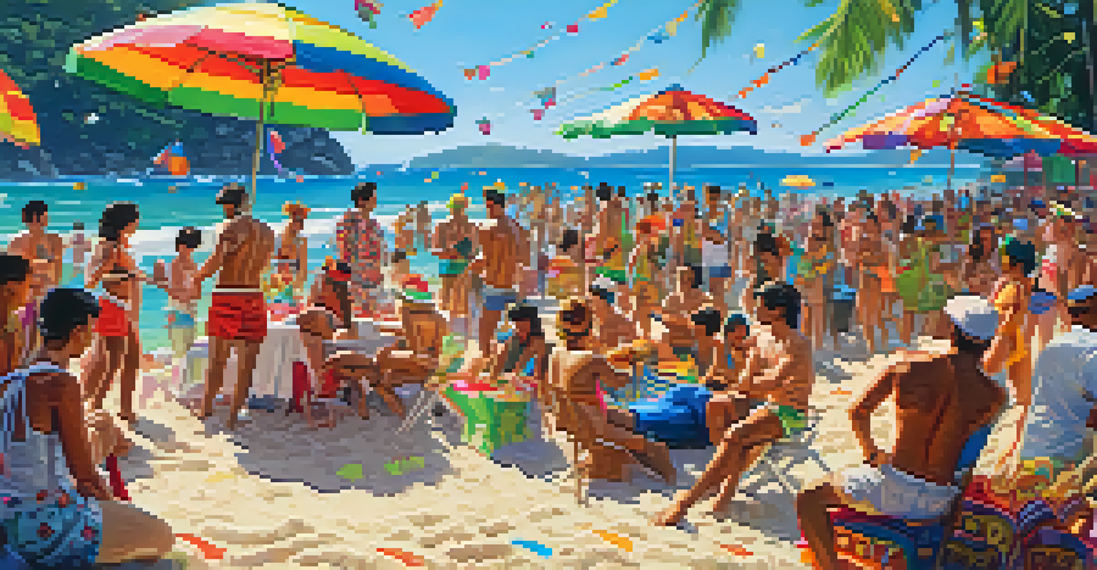 A beach party during Phuket Pride, featuring attendees in festive attire enjoying the sun and vibrant decorations.