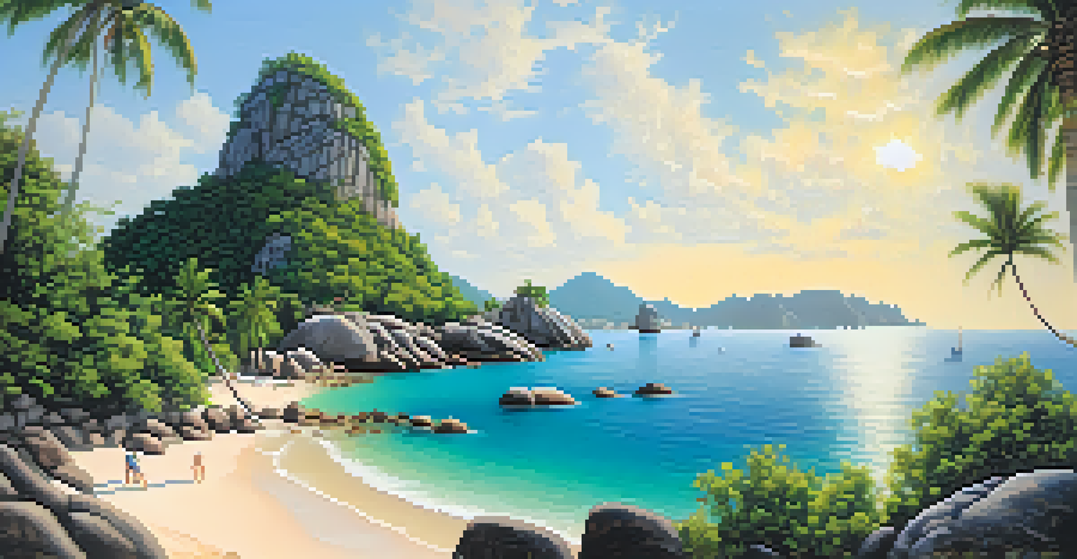 Climbers on rocks at Koh Tao with clear waters and palm trees.