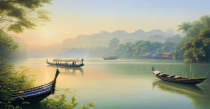 A beautiful sunrise over the Chao Phraya River, with boats and lush greenery along the banks.