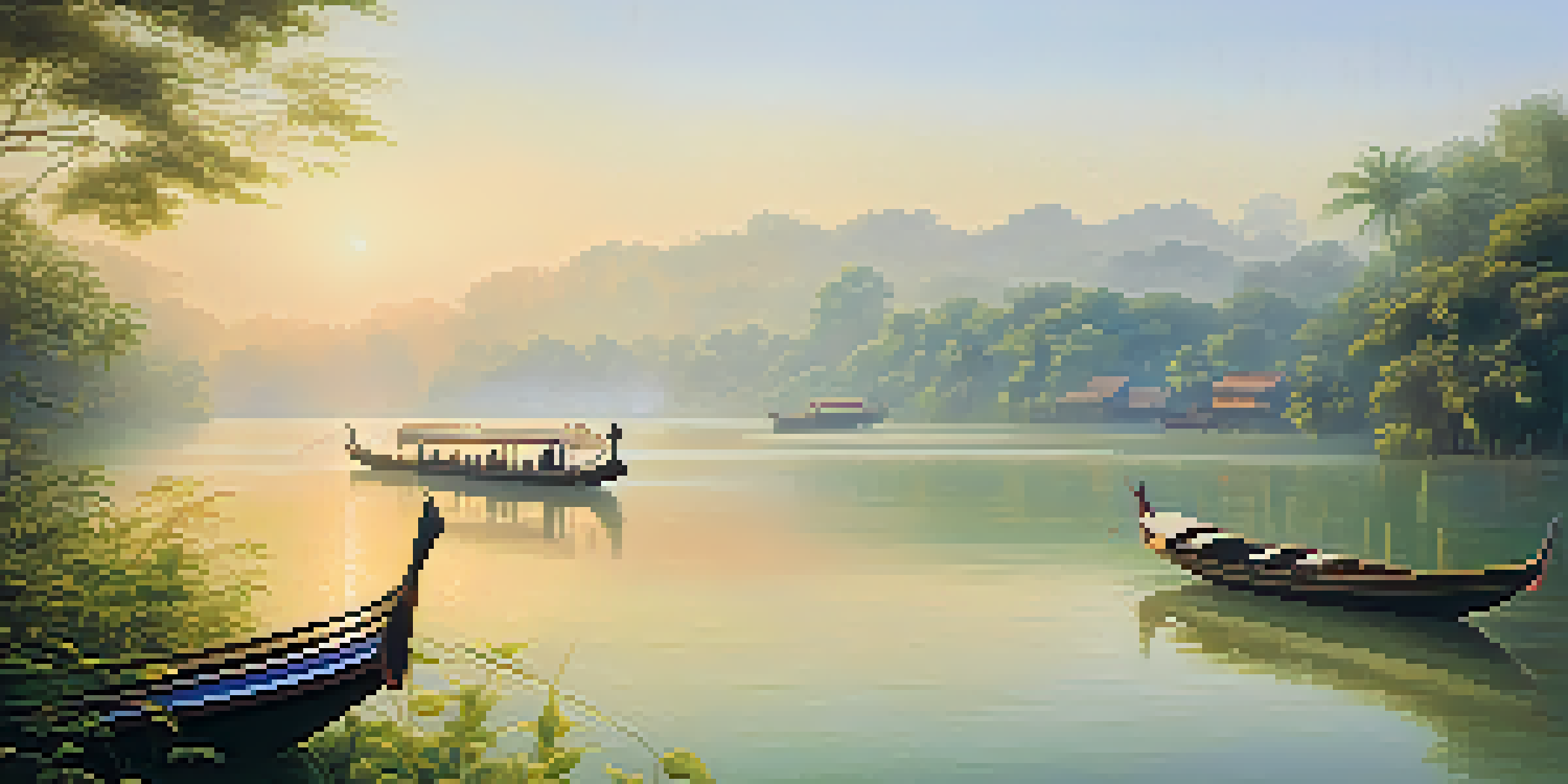 A beautiful sunrise over the Chao Phraya River, with boats and lush greenery along the banks.