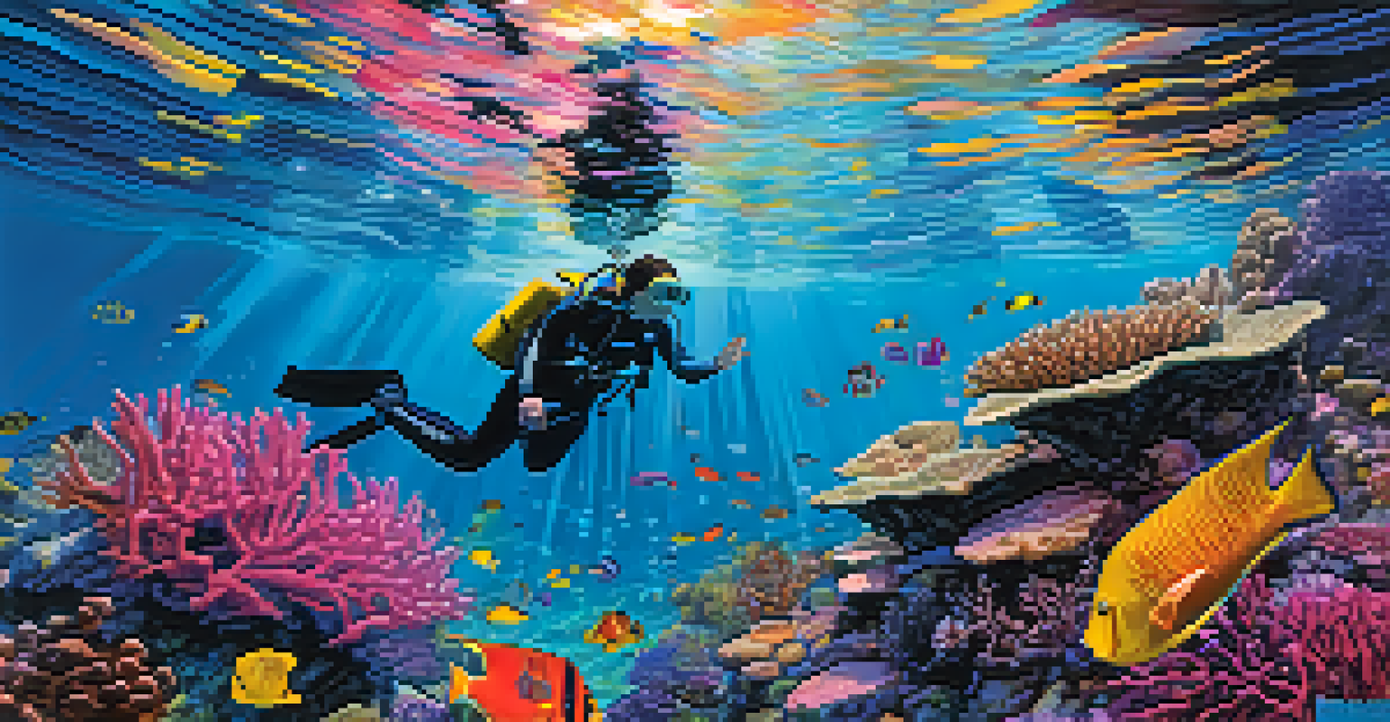 An underwater view of a coral reef with colorful fish and a diver exploring the vibrant marine life in Thailand.