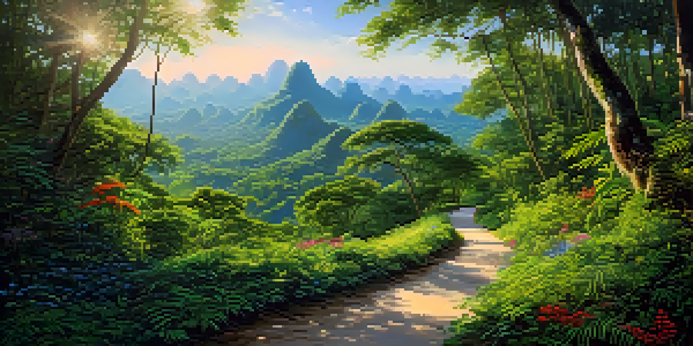 A scenic jungle path in Thailand surrounded by greenery and wildflowers, with sunlight filtering through the trees.