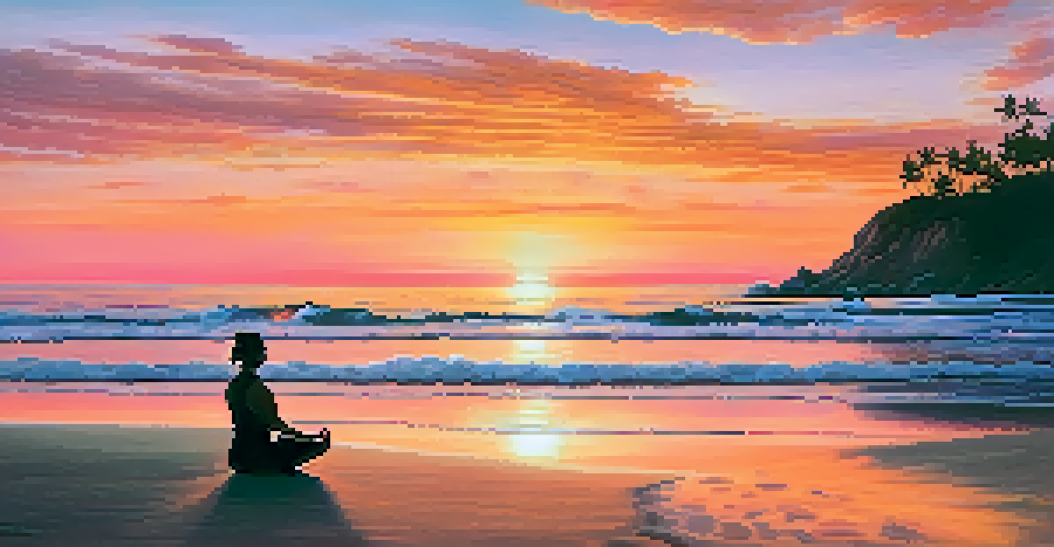 A beachside meditation retreat at sunset, with a person practicing yoga by the ocean, silhouetted against a colorful sunset sky.