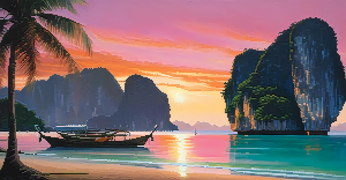 A stunning sunset over a beach with palm trees, colorful sky, and calm waters.