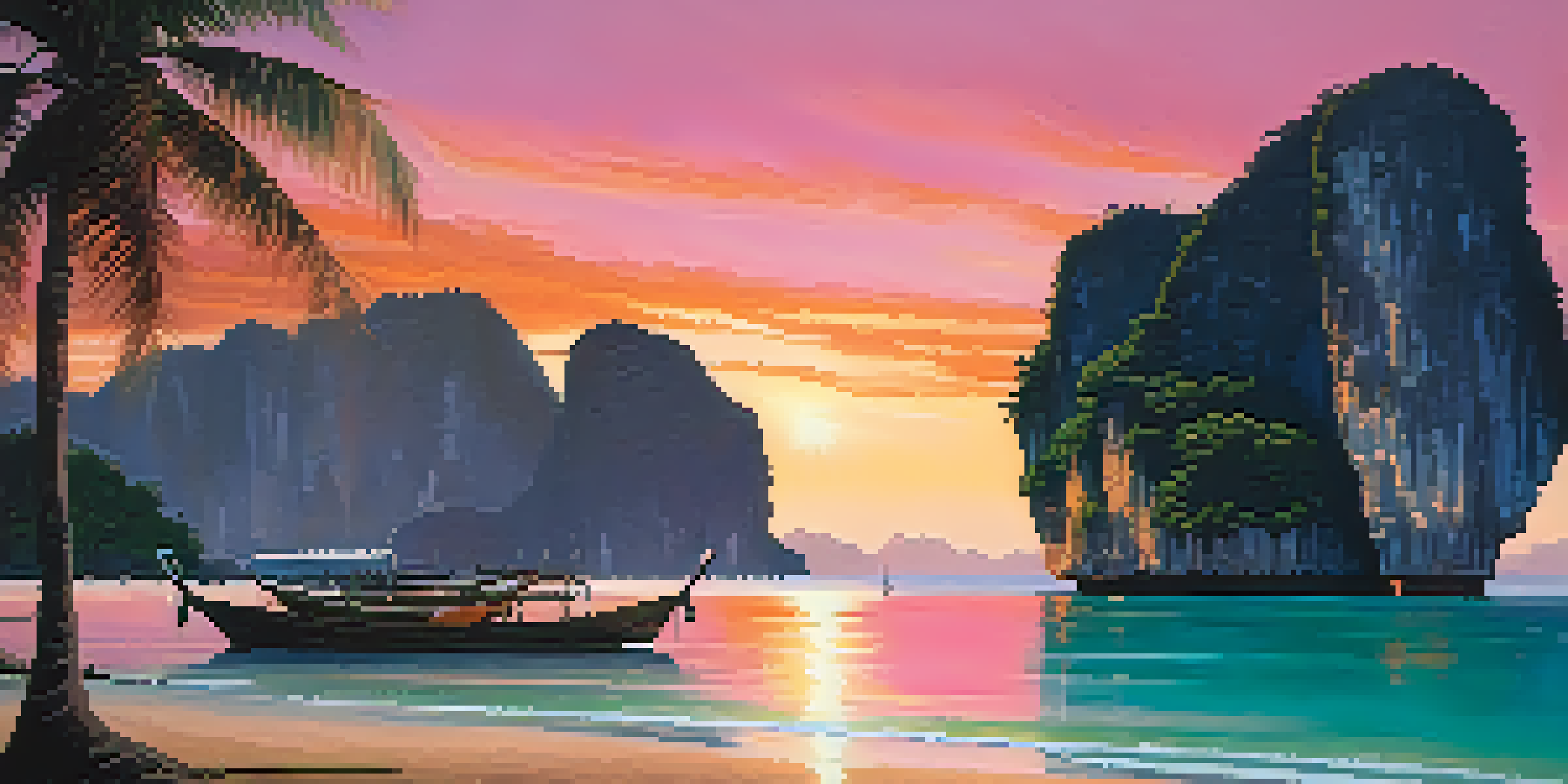 A stunning sunset over a beach with palm trees, colorful sky, and calm waters.