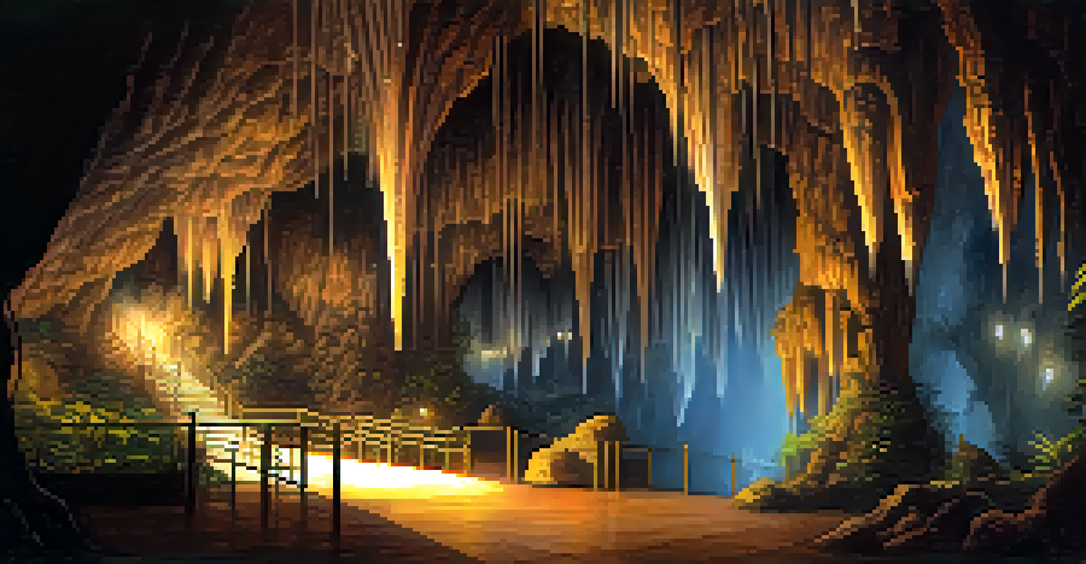 The interior of Chiang Dao Cave with glowing stalactites and stalagmites, creating a magical underground scene.