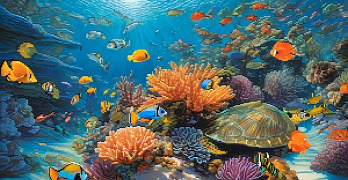 An underwater scene with a colorful coral reef, clownfish, a sea turtle, and schools of tropical fish, illuminated by sunlight.