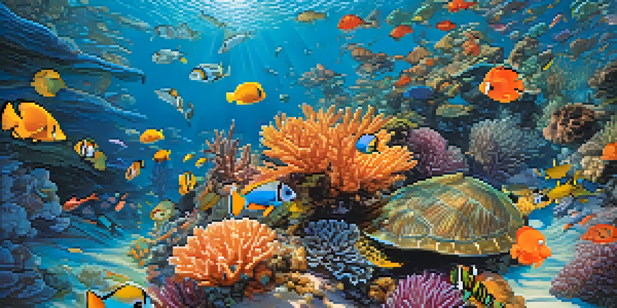 An underwater scene with a colorful coral reef, clownfish, a sea turtle, and schools of tropical fish, illuminated by sunlight.