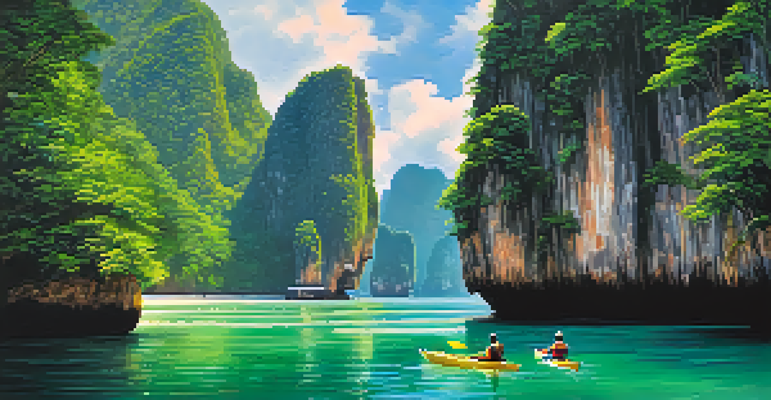 A kayaker navigating emerald waters in Phang Nga Bay, Thailand, with limestone cliffs and tropical plants in the background under a sunny sky.