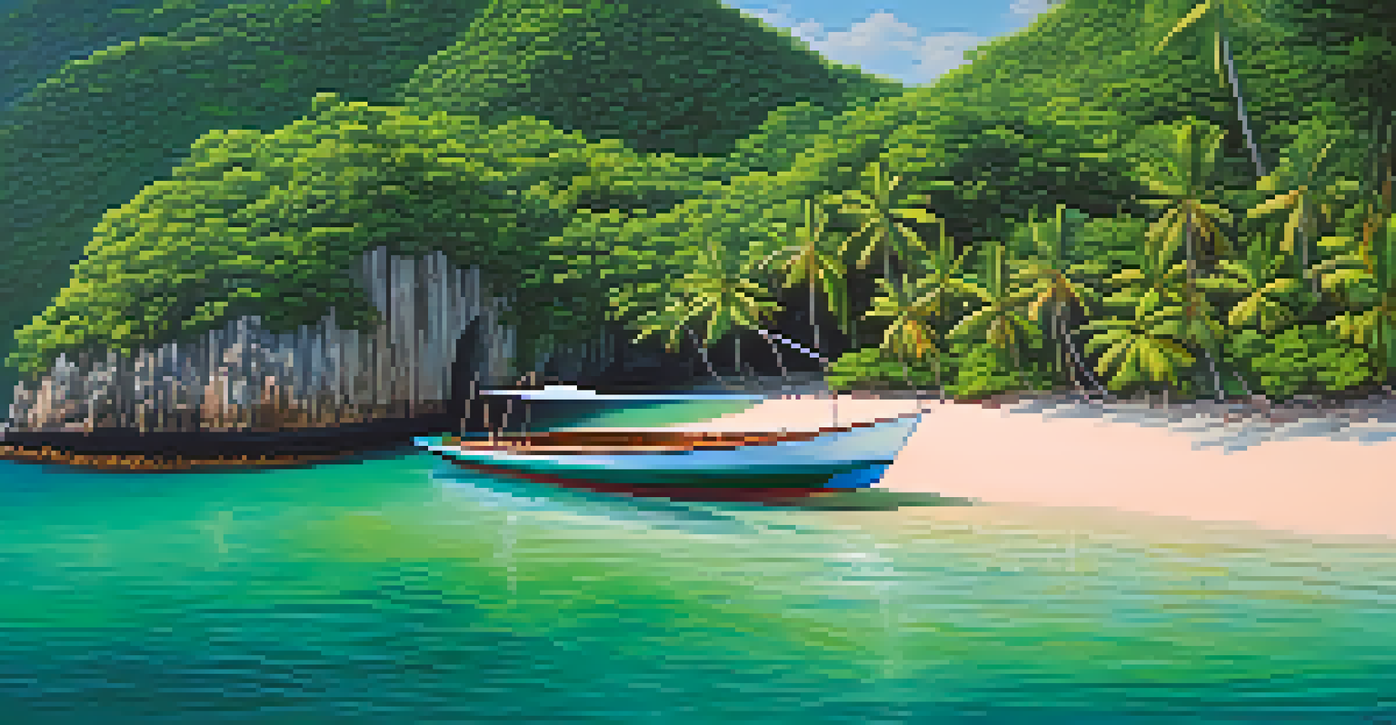 A solar-powered boat on clear waters near a secluded beach in Thailand, surrounded by cliffs.