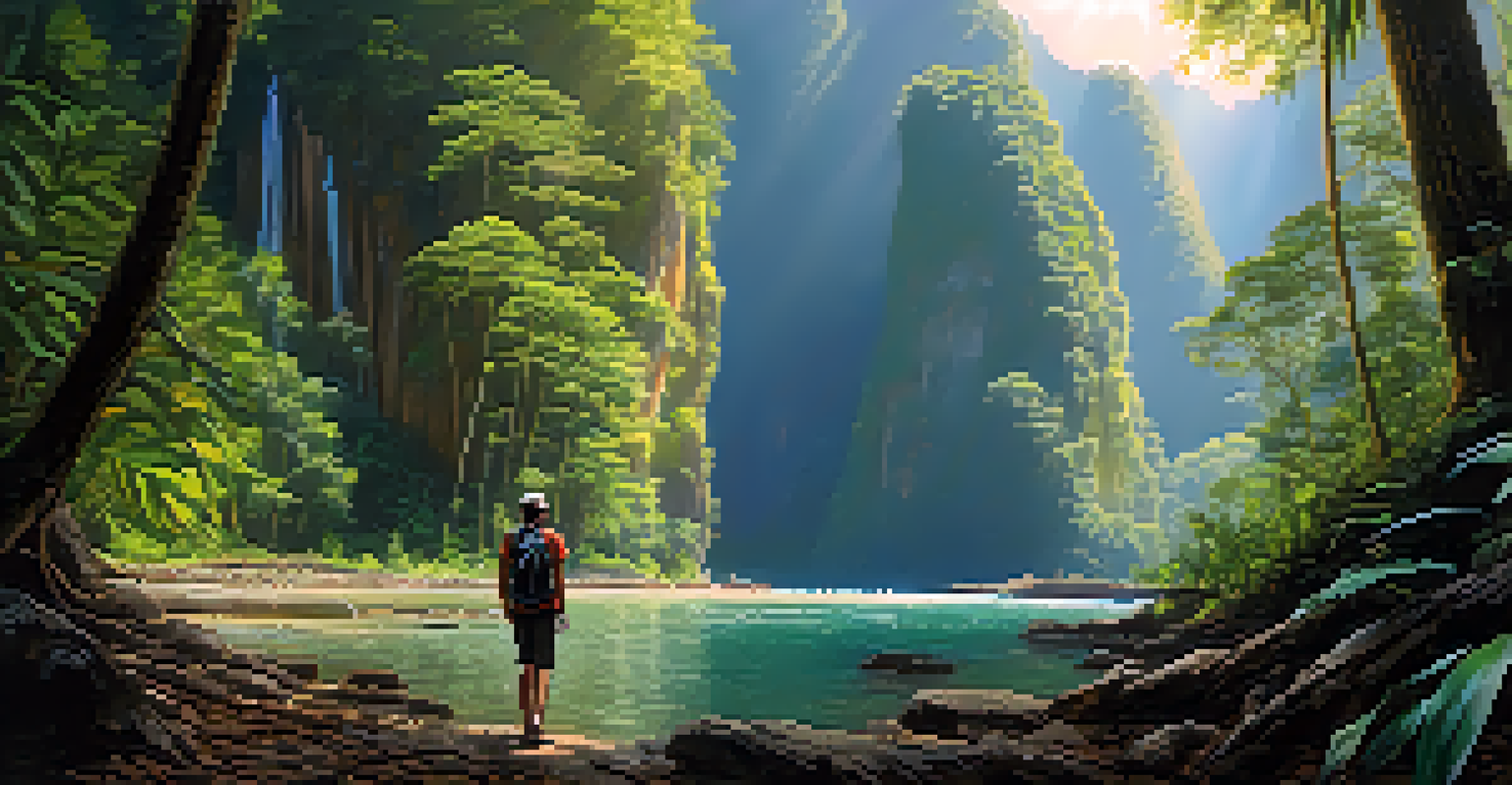 A hiker exploring the lush rainforest and limestone cliffs of Khao Sok National Park, with sunlight filtering through the dense foliage.
