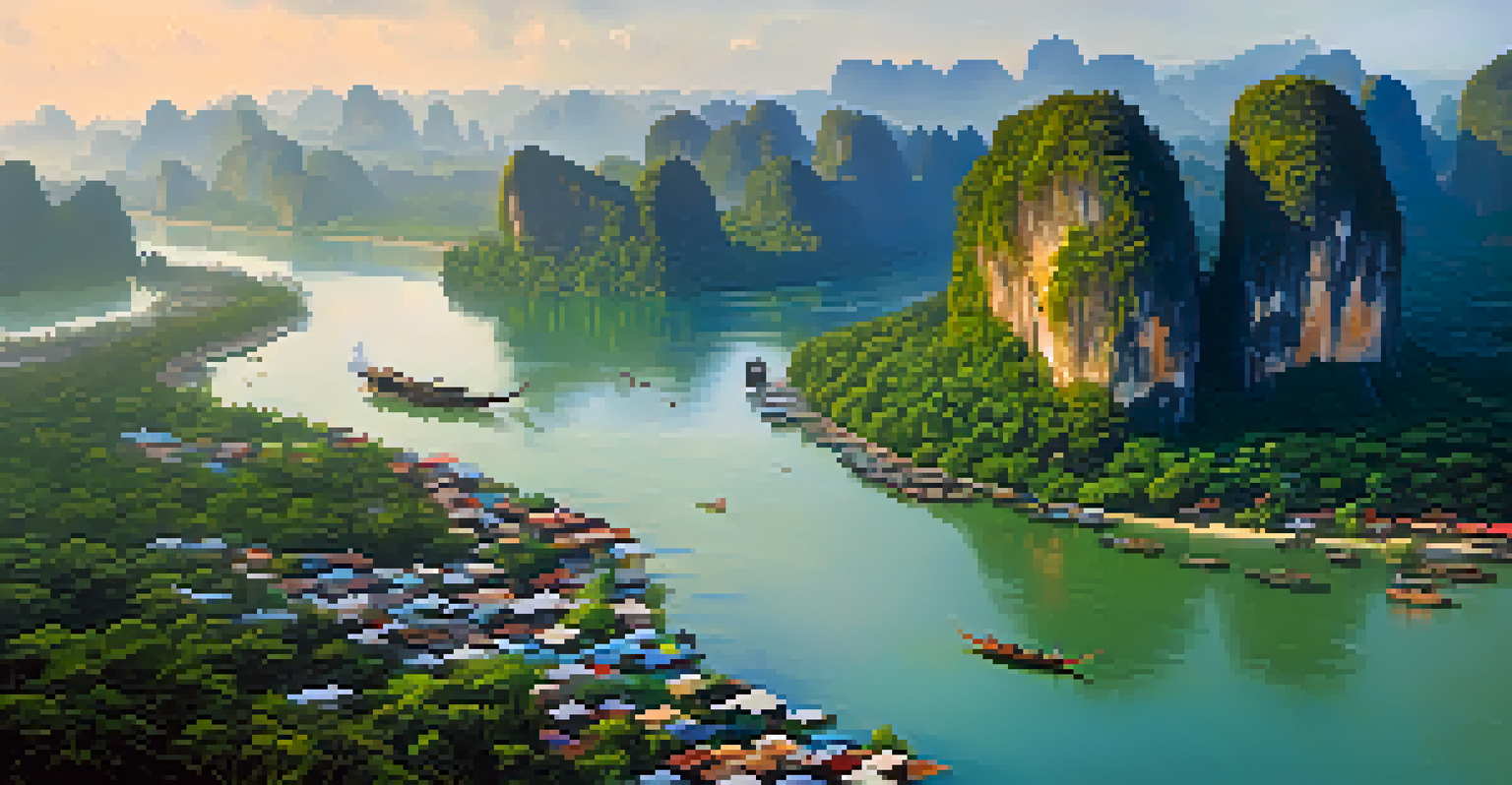 An aerial view of the Krabi River with long-tail boats and fishermen, surrounded by lush greenery and historical landmarks, illuminated by soft morning light.