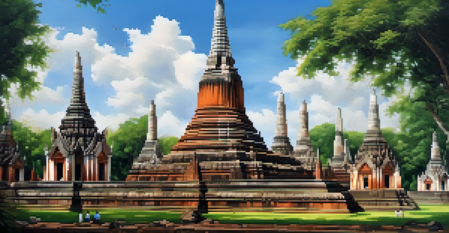 Ancient temples in Ayutthaya surrounded by lush greenery and blue sky, with tourists exploring the historical site.
