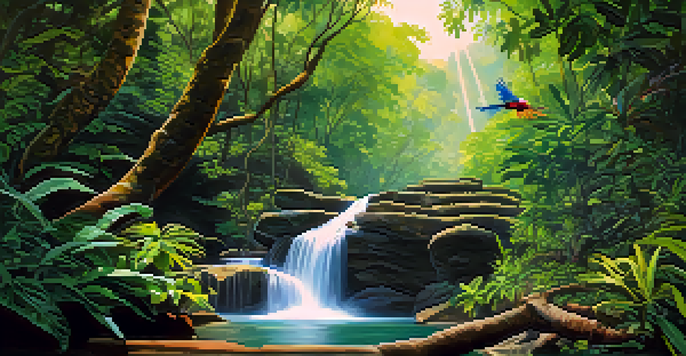 A tranquil jungle scene in Chiang Mai with a hidden waterfall and vibrant greenery, illuminated by sunlight filtering through the trees.