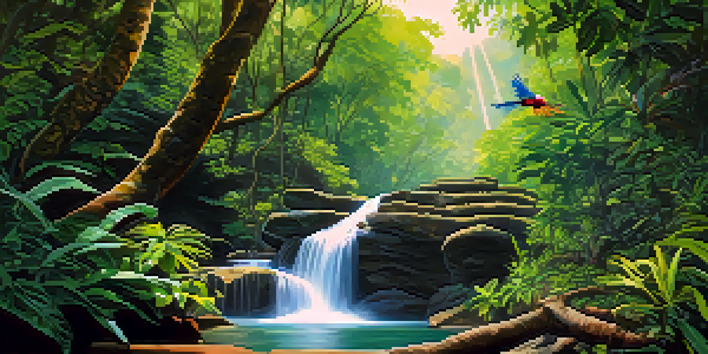 A tranquil jungle scene in Chiang Mai with a hidden waterfall and vibrant greenery, illuminated by sunlight filtering through the trees.