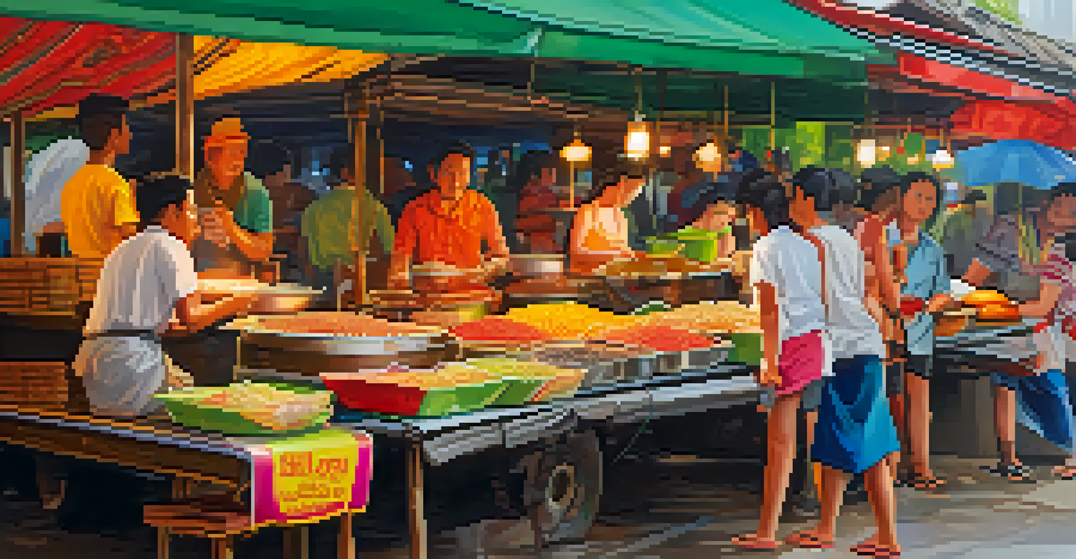 A close-up view of a street food stall at the Thai New Year festival, featuring colorful Thai dishes ready to be enjoyed.