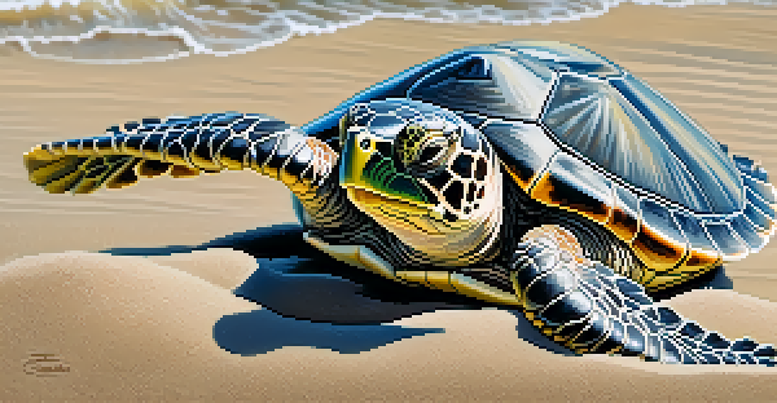 Close-up of a baby sea turtle hatching and making its way to the ocean from the sandy beach.