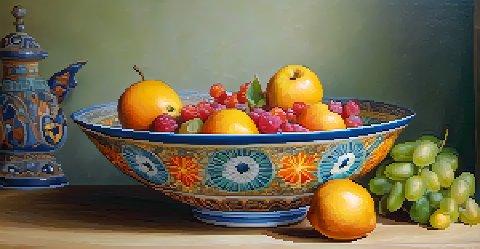 A handcrafted ceramic bowl with floral patterns, filled with fruits, displayed on a wooden table.