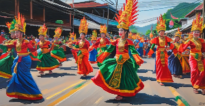 A lively street scene from the Phi Ta Khon Festival with participants in colorful masks and traditional costumes, surrounded by food vendors and an engaged audience.