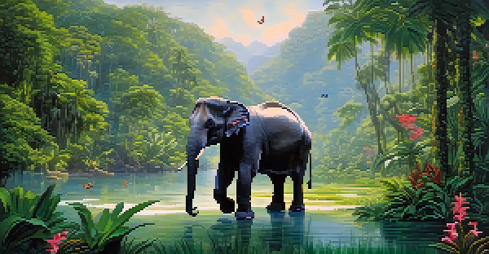 A tranquil scene of a tropical rainforest in Thailand with an Asian elephant near a river, surrounded by diverse plants and butterflies.