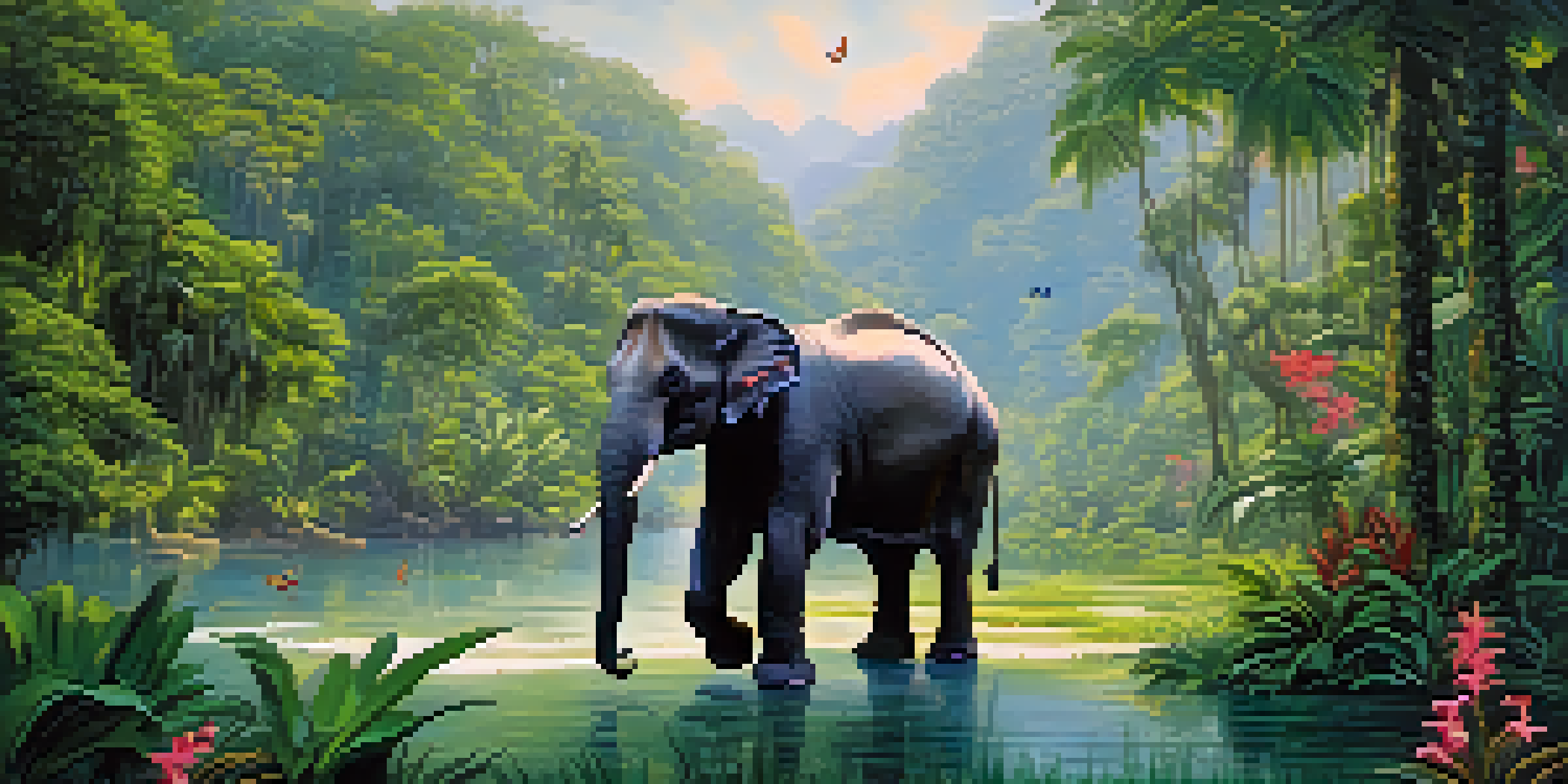 A tranquil scene of a tropical rainforest in Thailand with an Asian elephant near a river, surrounded by diverse plants and butterflies.