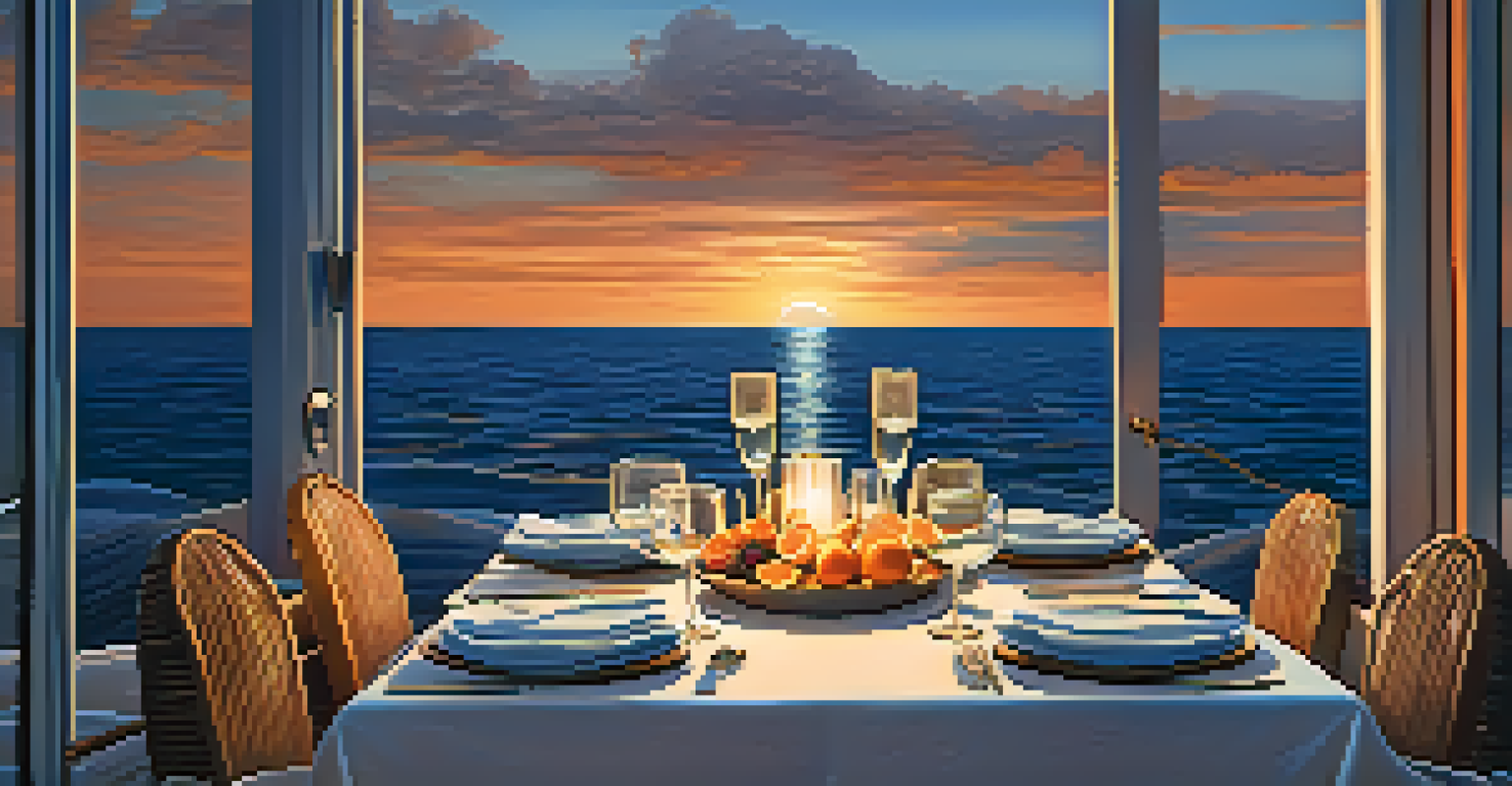 A cozy sunset dinner setup on a yacht deck with gourmet food, candles, and a beautiful ocean view.