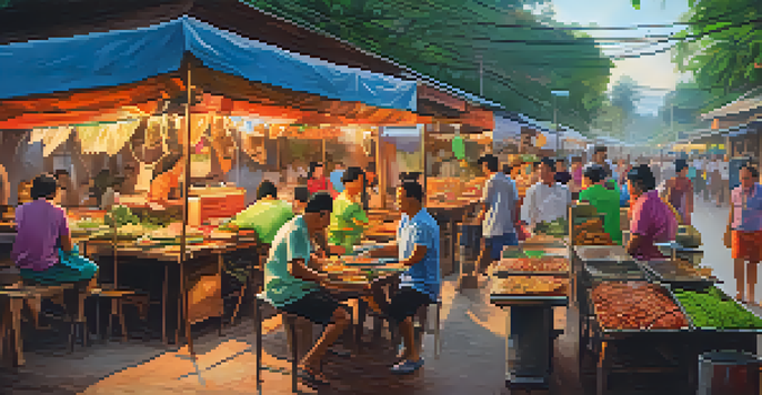 A bustling street food scene in Isaan, Thailand, filled with colorful food stalls and people enjoying their meals.