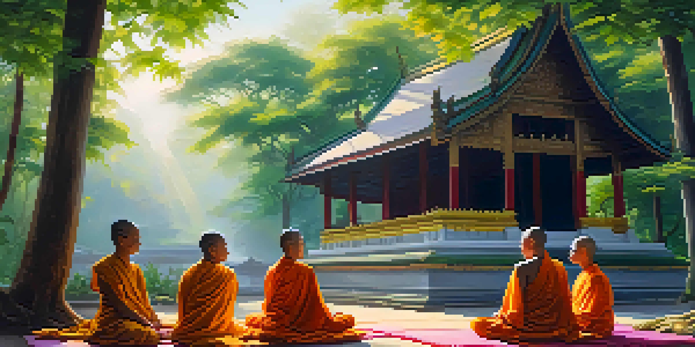 A peaceful scene of monks meditating in a lush green environment near a Thai temple, with sunlight filtering through the trees.