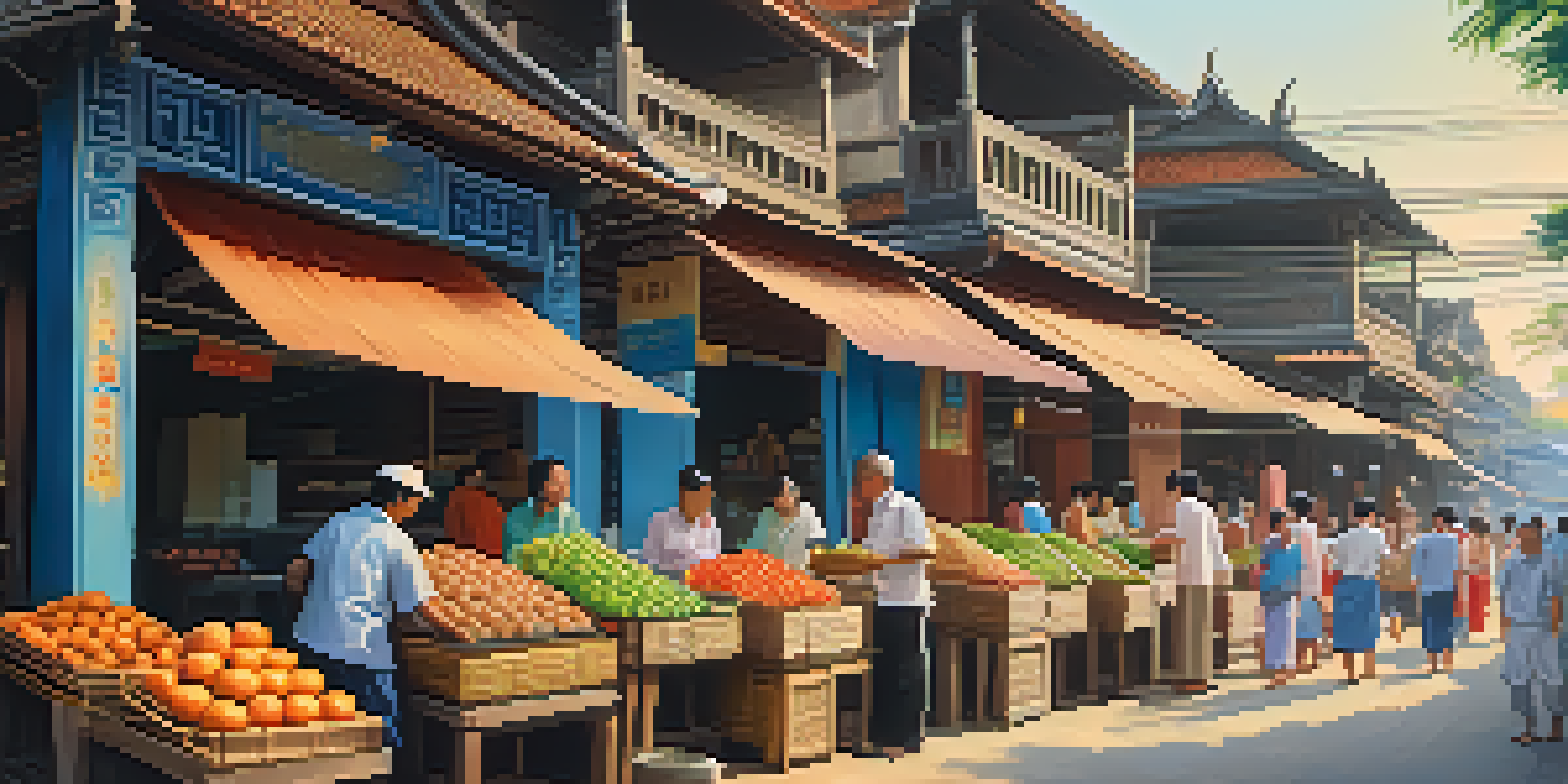 A lively street in a Thai old town with traditional shop houses and vendors selling fresh fruits and street food, all under a clear blue sky.
