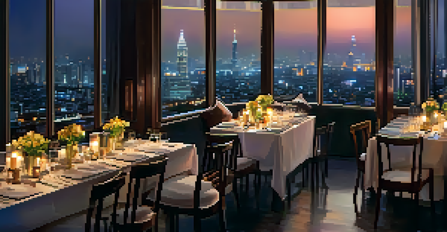 A rooftop dining experience in Bangkok with candlelit table and city skyline at night.