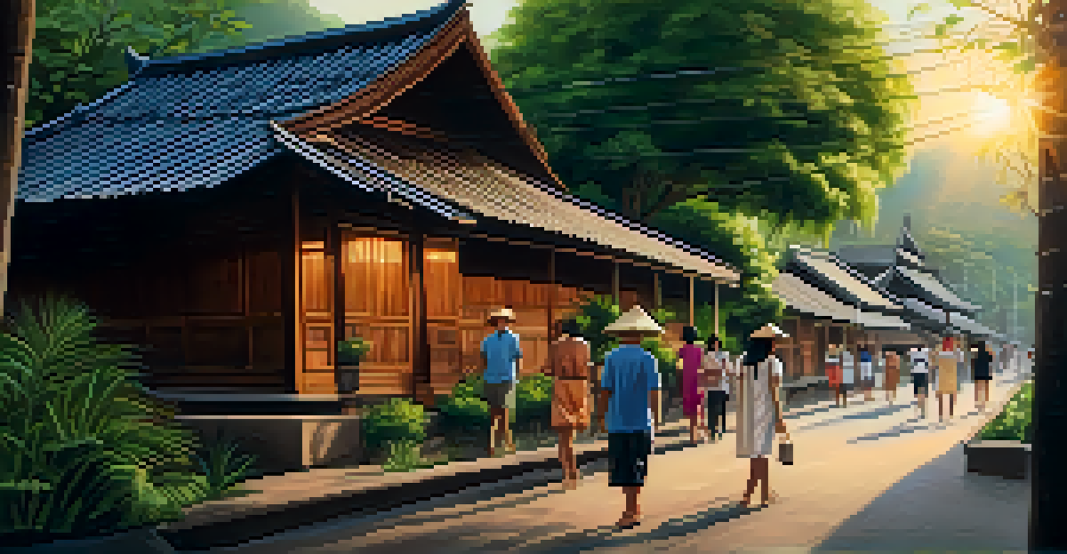 Tourists walking past traditional wooden houses in Chiang Mai at sunset.